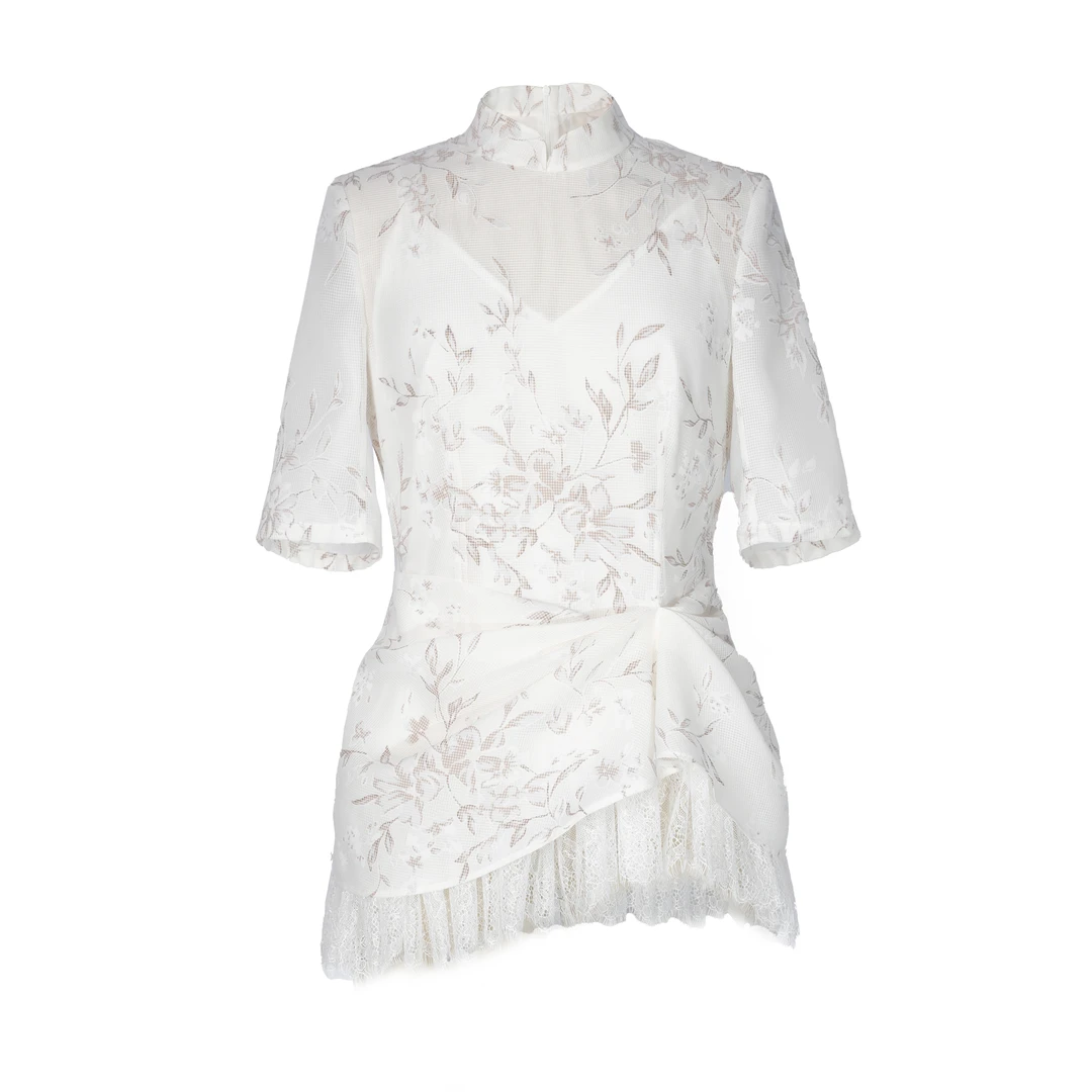 【反季特卖】JUNYANG杨君 如梦令 玉兰印花新中式拼接短袖上衣