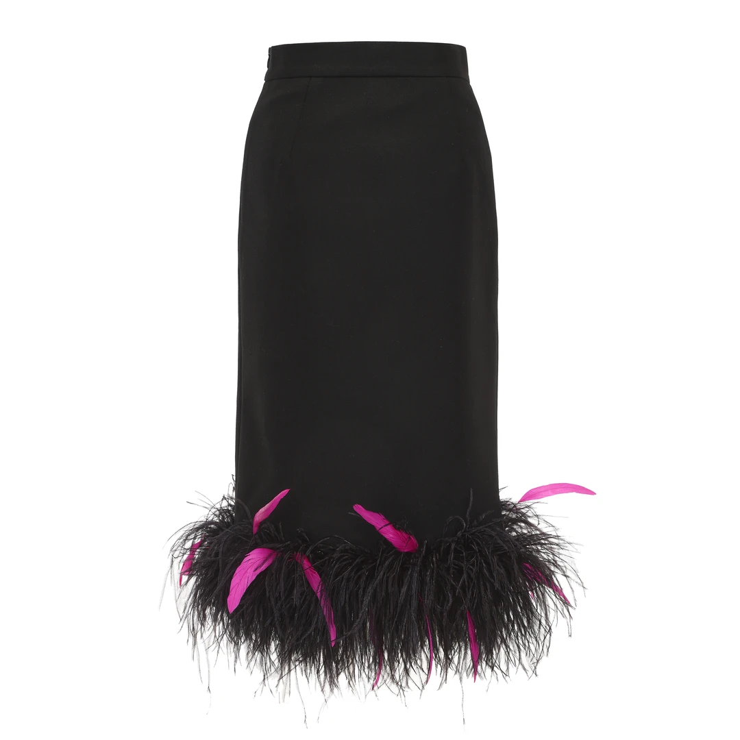 【宋佳同款】JUNYANG杨君 秀款玫红挑染鸵鸟毛直筒羊毛半裙