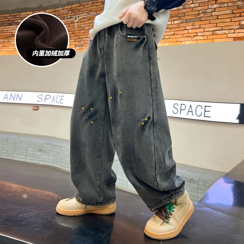 童装男童裤子秋冬款2024新款大儿童男孩冬季加绒加厚牛仔裤一体绒
