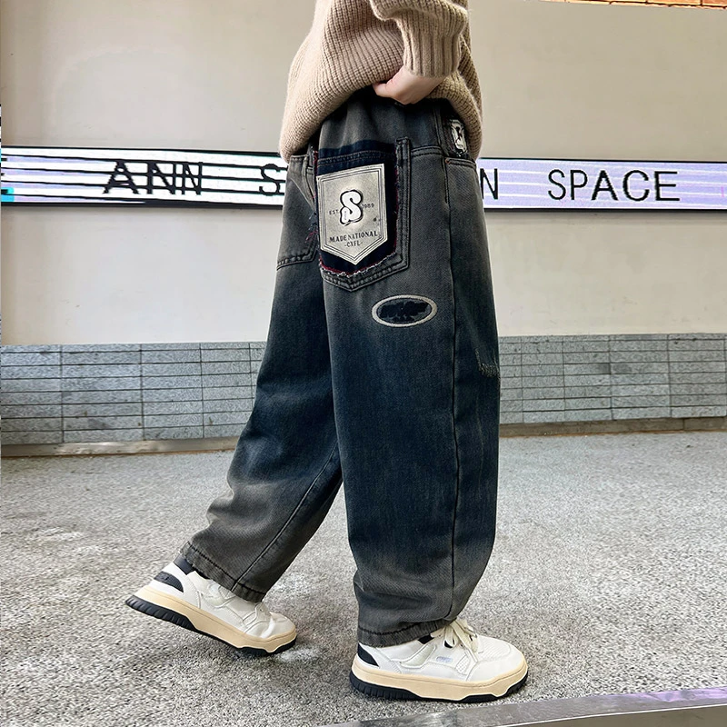 男童牛仔裤子春秋冬款2024新款冬季中大儿童冬装一体加绒加厚长裤