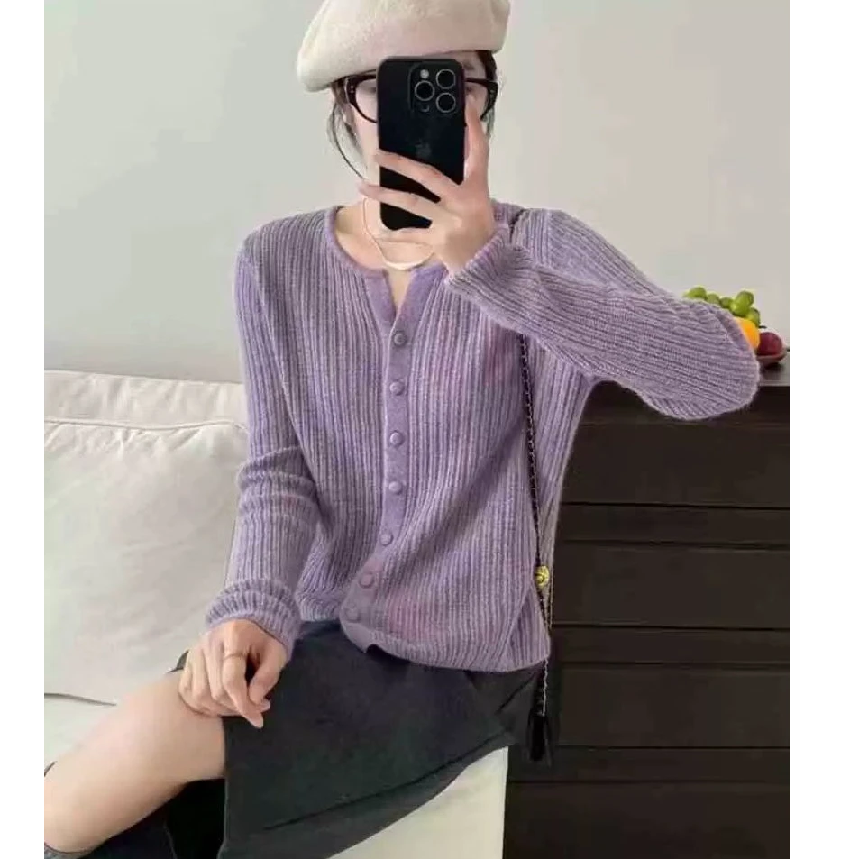 V领坑条开衫纯色百搭时尚气质显瘦韩版宽松长袖秋冬