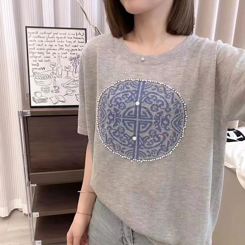 薄款圆领提花冰丝短袖T恤女夏季2024新款宽松大码钉珠百搭上衣潮