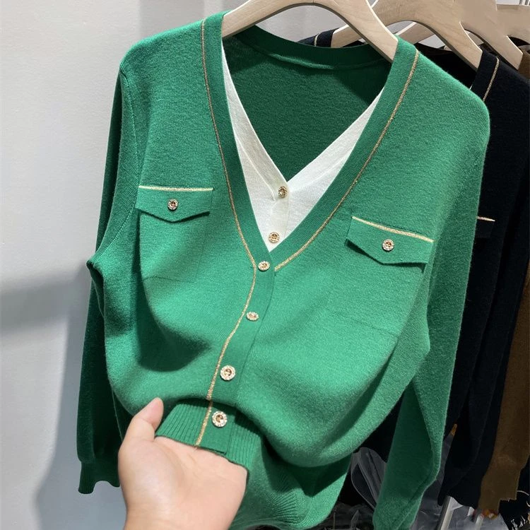 假两件秋冬针织衫拼接v领上衣女宽松大码新款高级感洋气打底毛衣
