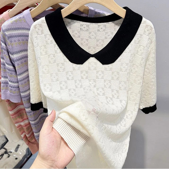夏季娃娃领提花冰丝短袖T恤女2024新款宽松大码百搭螺纹薄款上衣