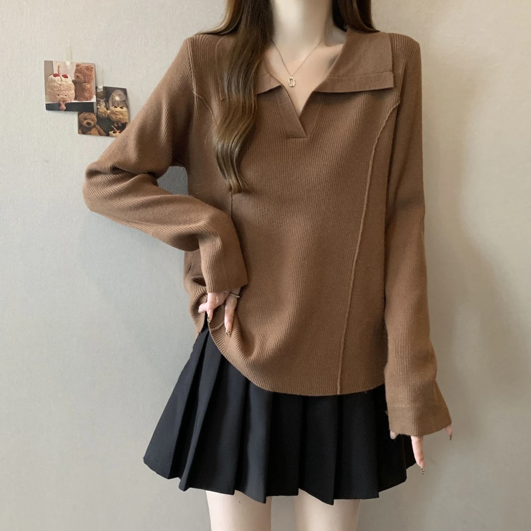 鱼骨正肩针织衫上衣女2024新款宽松大码POLO领百搭秋冬打底衫毛衣