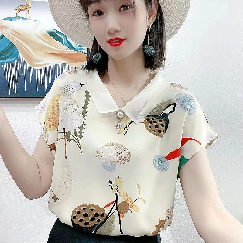 雪纺衬衫女短袖2024夏季新款洋气遮肚显瘦时尚气质显瘦小衫女上衣