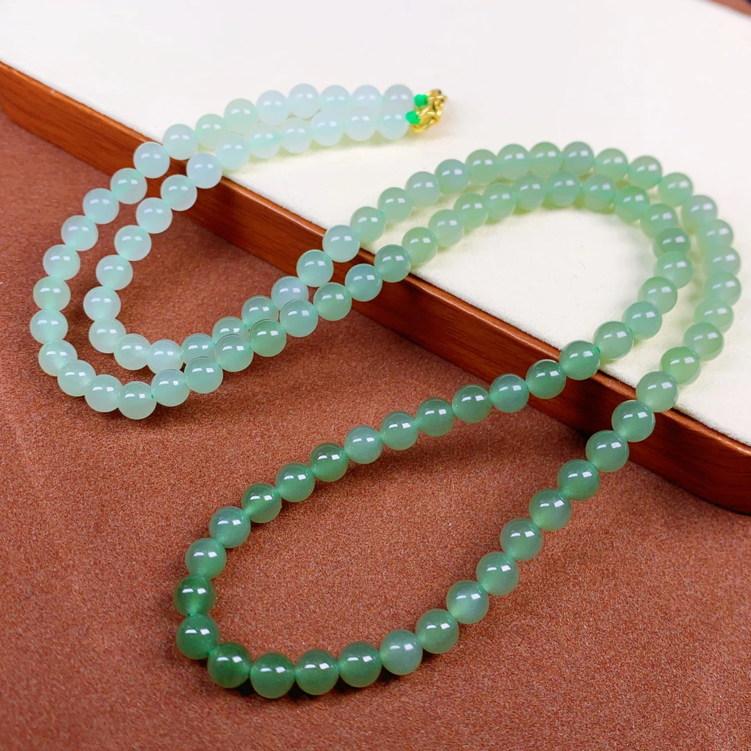 天然和田玉青海料精品冰晴水渐变圆珠6mm银珠链项链手链@4101612