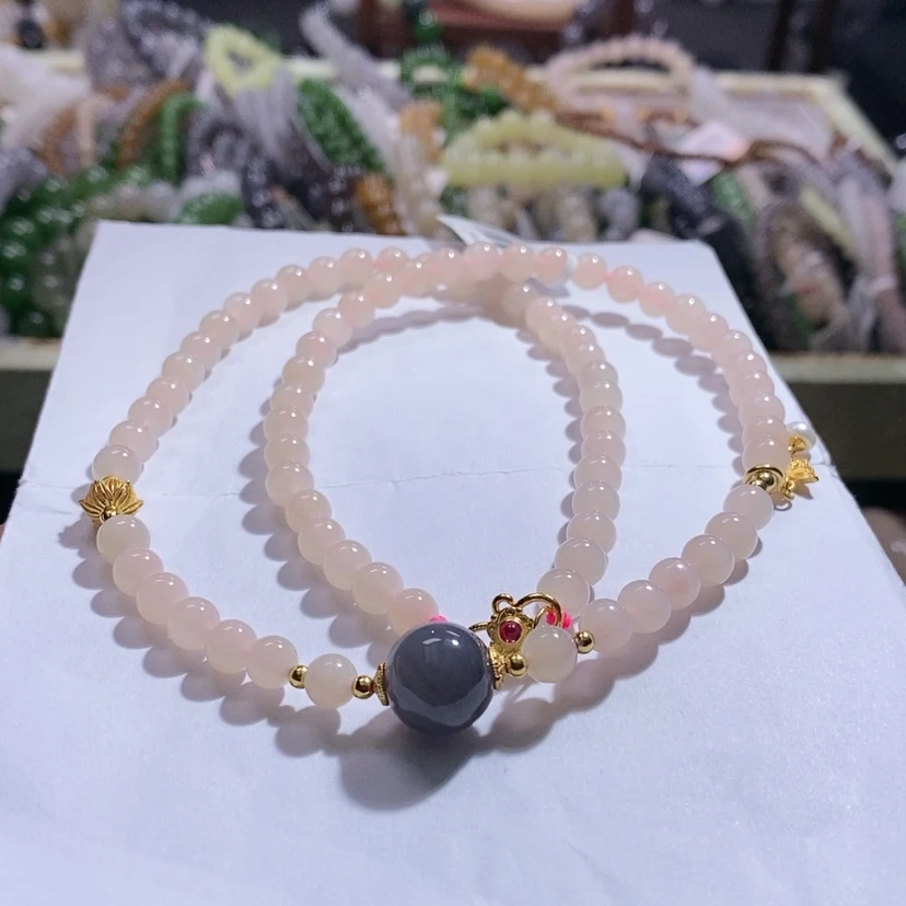 【闪购商品】和田玉藕粉银镶项链6MM未镶嵌