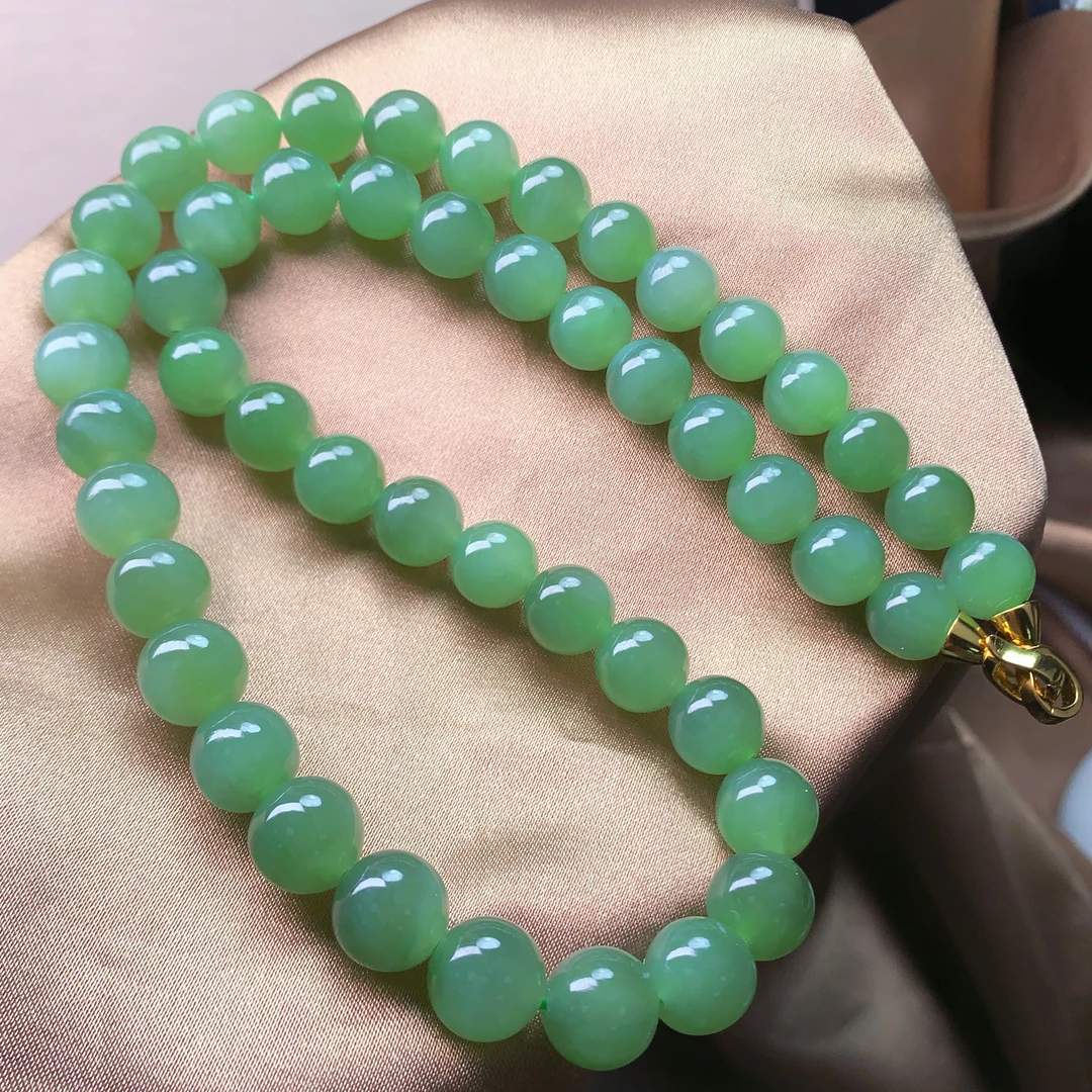 天然和田玉俄料碧玉微猫眼圆珠约10mm银项链颈链妈妈链女@4111