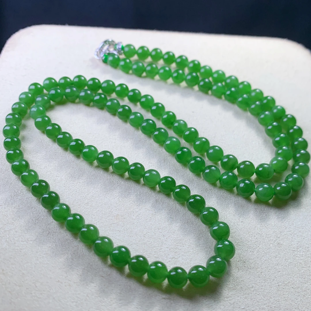 天然和田玉俄料碧玉阳绿圆珠约6mm银项链手链挂链多用精品女@4194