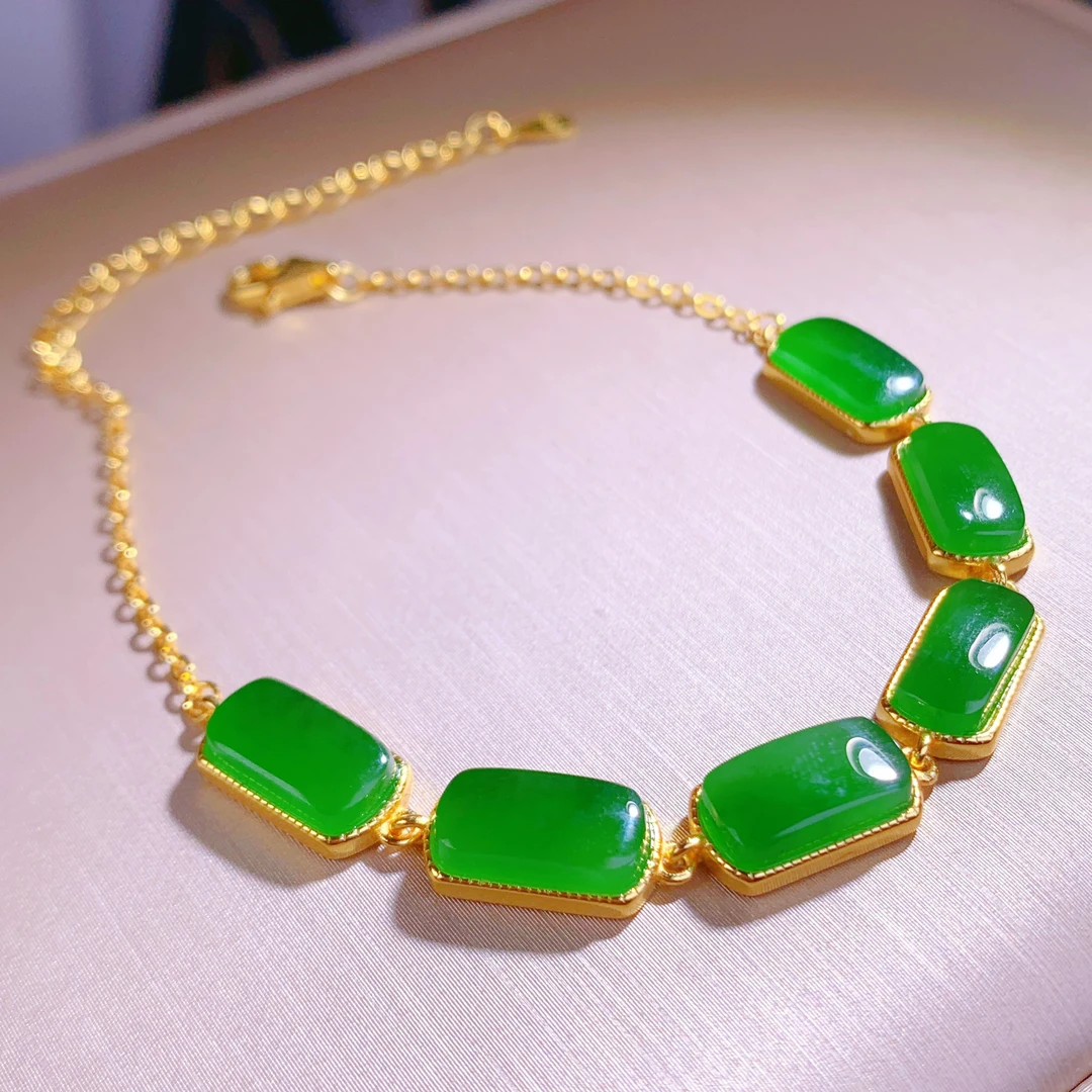 天然和田玉俄料碧玉精品辣阳绿无事牌925银手链气质新中式女@0580