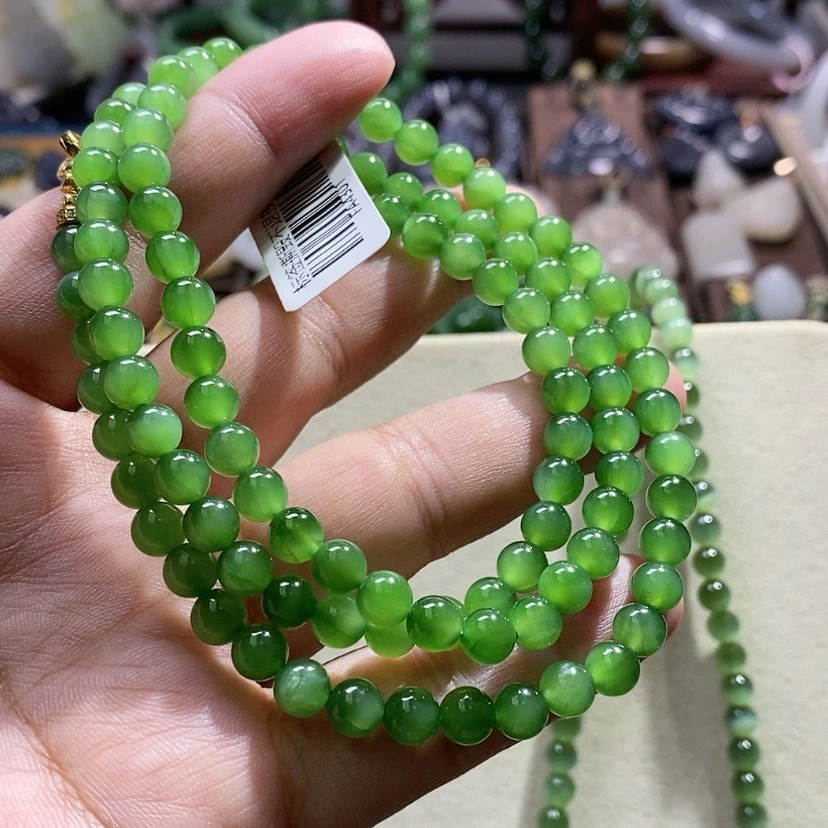 【闪购商品】和田玉高冰老矿碧玉辣绿高冰猫.眼珠链6未镶嵌说*句