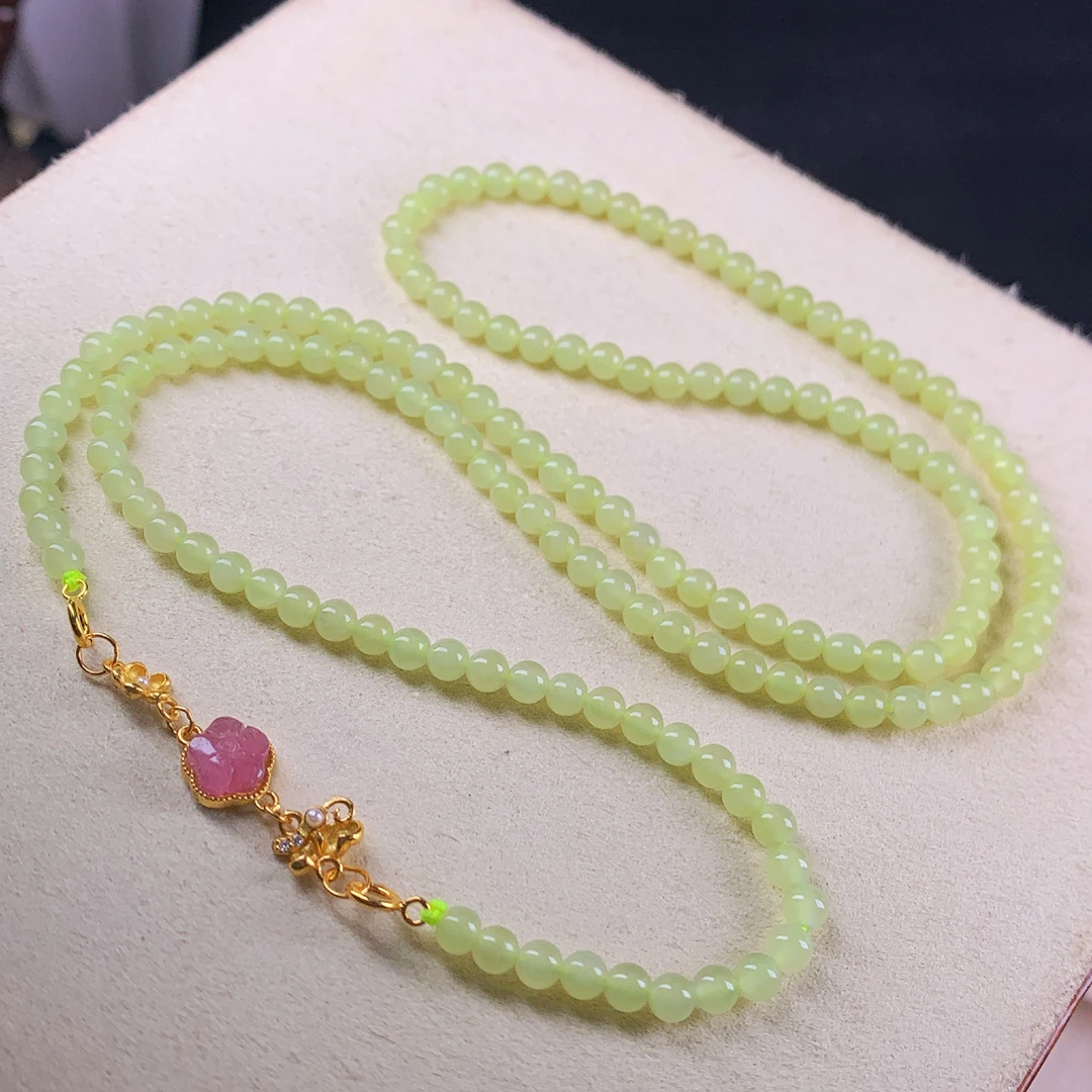 天然和田玉新疆若羌黄口圆珠4mm银富贵花项链毛衣链多圈手链@4215