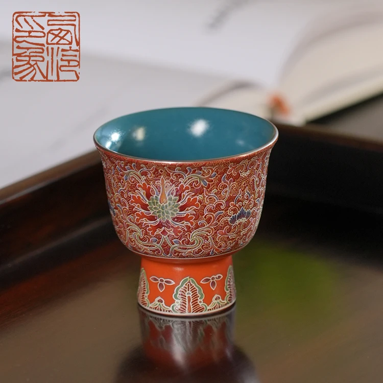 【西泠上新】景泰蓝珐琅釉缠枝纹小高足杯（故宫城墙红）HX0130