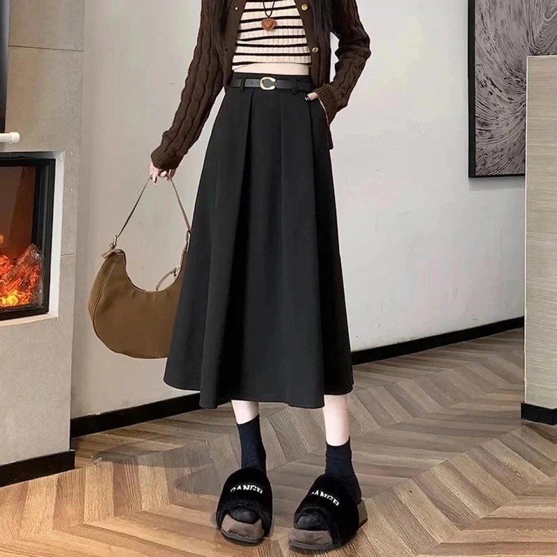 送腰带半身裙秋冬女a字冬裙中长百褶裙新款赫本风高级感毛呢长裙