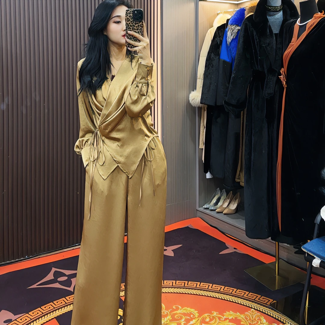 女装-法式复古钻石纹套装长袖V领侧边绑带高腰裤95058