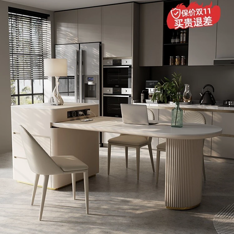 岛台餐桌一体可伸缩岩板中岛台法式奶油风岛台家用倒台高级导台