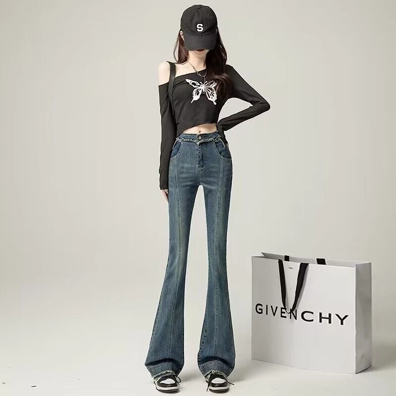 春秋新款上下双毛边复古蓝高腰高高弹力牛仔微喇长裤