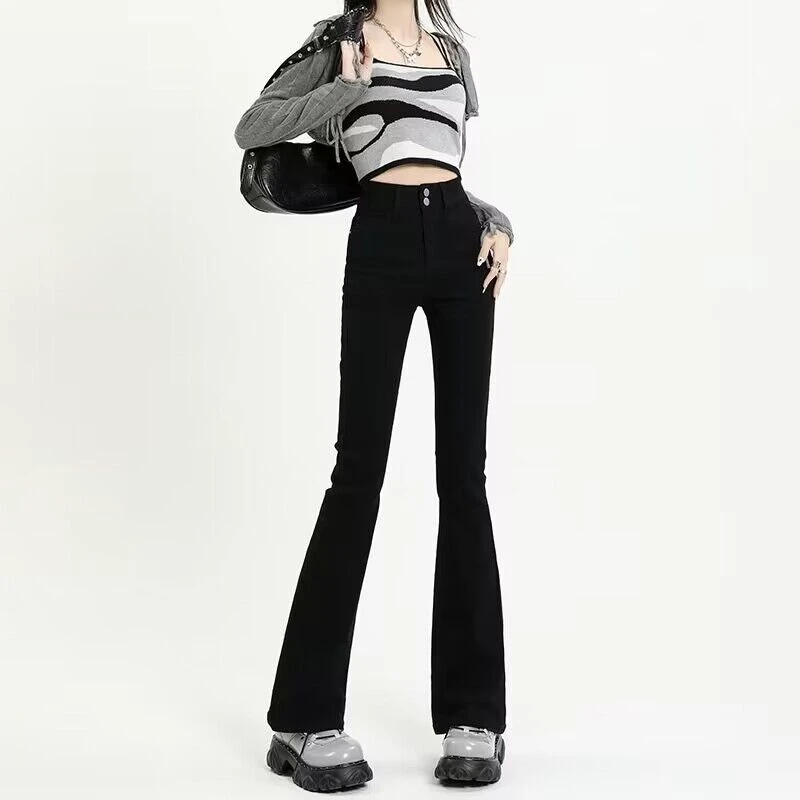 薄款女装黑色小个子牛微喇叭裤弹力修身小个子
