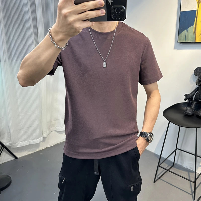 【绵羊毛】秋冬季加厚短袖t恤男2024圆领纯色修身保暖潮上衣男士