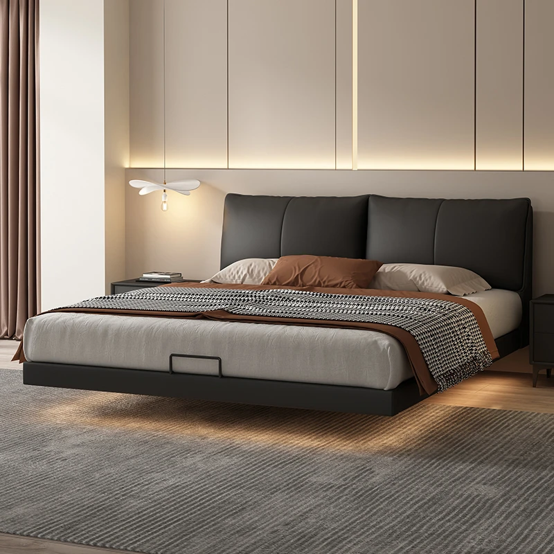 懂木轻奢真皮床双人大床侘寂风高档带灯网红奶油风现代简约悬浮床