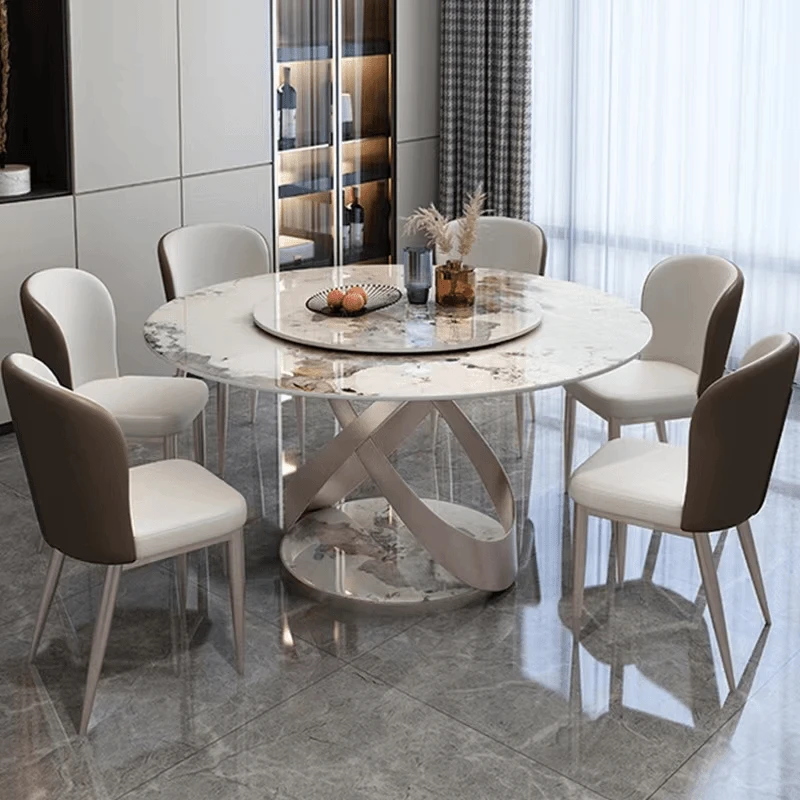 懂木轻奢亮光岩板圆桌家用餐桌带转盘轻奢家用北欧旋转大圆餐桌