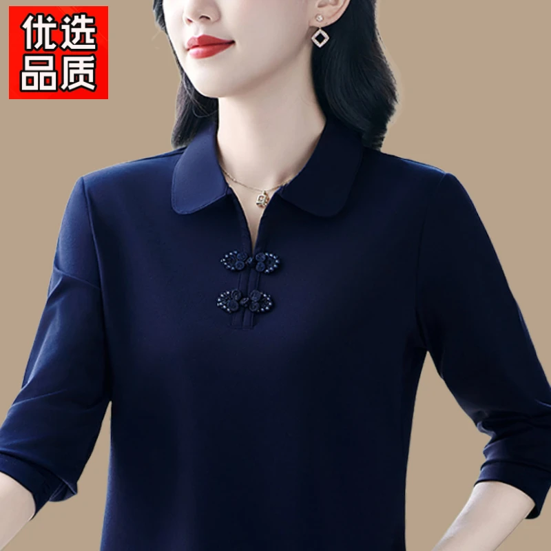 高档气质妈妈长袖t恤女春秋季民族风好看的上衣减龄运动polo衫