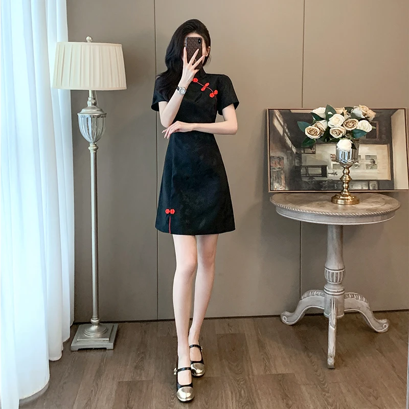 黑色旗袍改良年轻款少女夏季法式小个子短款新中式连衣裙国潮女装