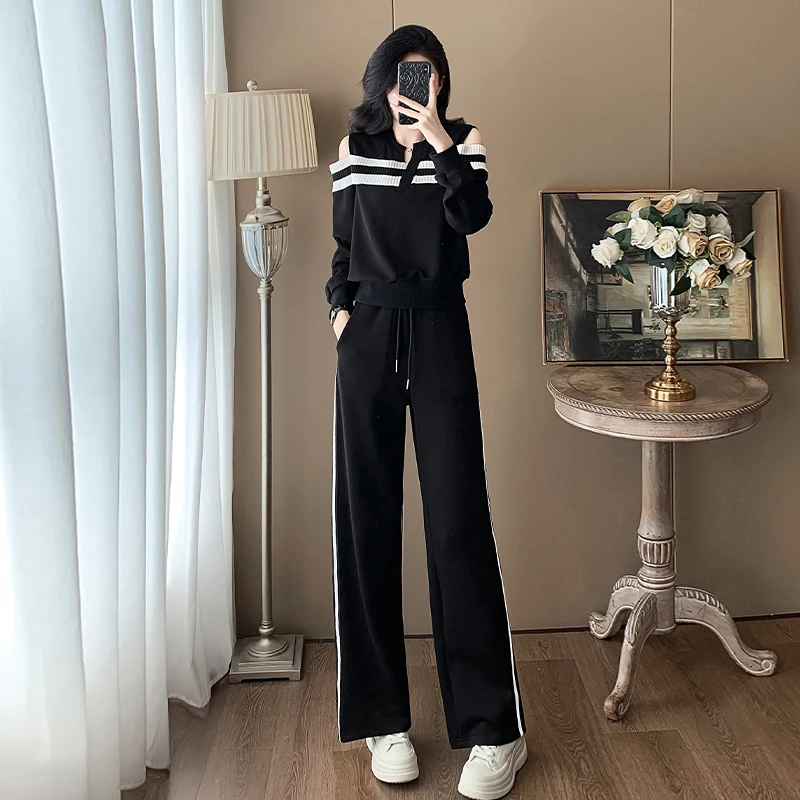 黑色休闲运动套装女秋季2024新款减龄炸街露肩显瘦卫衣卫裤两件套