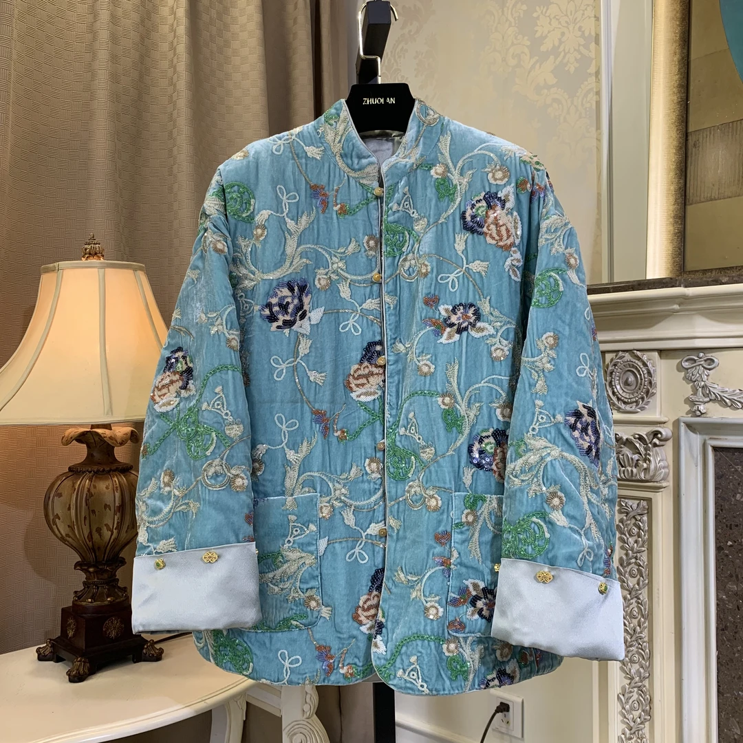 002127-1重工桑蚕丝棉服时尚女士复古中国风棉服