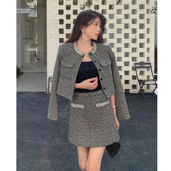 赵丽颖秋冬新款法式重工钉珠灰色短外套A字半身短裙两件套装裙女