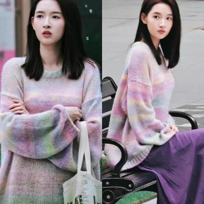 舍不得星星唐漾王玉雯秋季彩虹毛衣女慵懒风圆领宽松针织衫上衣