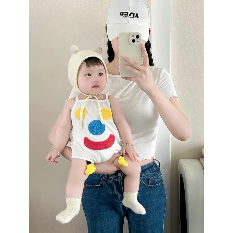 夏季新生儿薄款吊带包屁衣婴幼儿背心连体衣婴儿满月韩版笑脸爬服