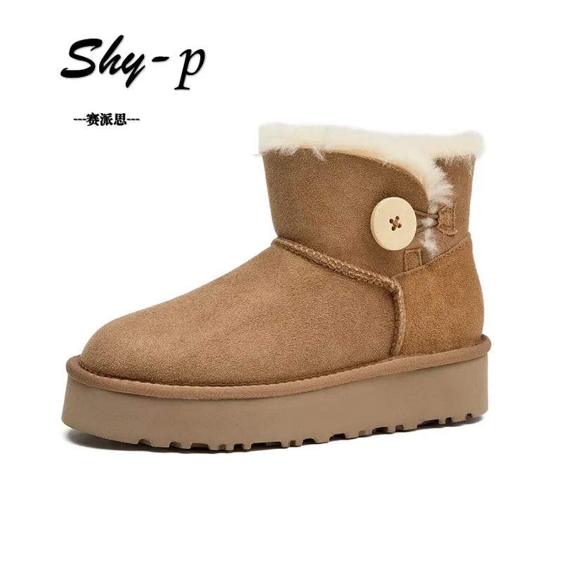 桑坡羊皮毛一体一粒木扣的厚底中筒雪地靴休闲女经典冬季保暖穿搭