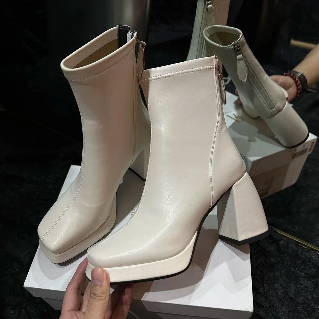 简约时尚气质百搭方头舒适粗跟8cm增高显瘦弹力高跟瘦瘦靴英伦风