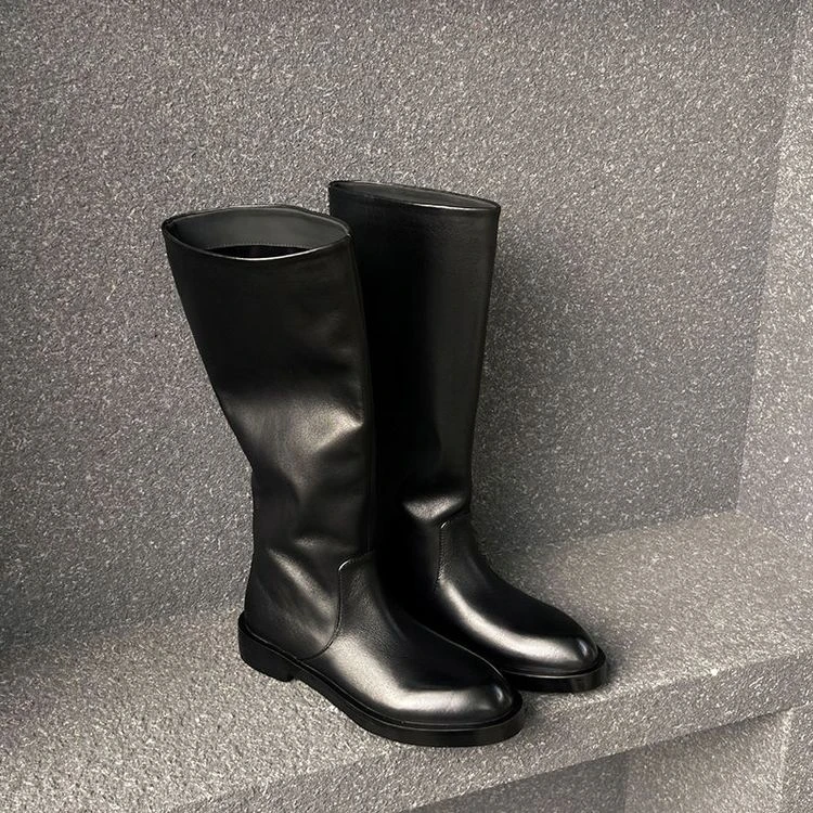 花思宇~3.5cm复古高筒靴欧美中跟牛皮长靴软底西部靴英伦风长筒鞋