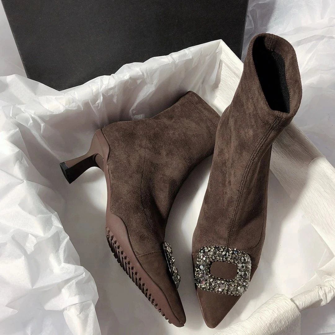 花思宇爆款高跟靴运动大底脚感好尖头粗跟拼接绒面短靴女瘦瘦靴