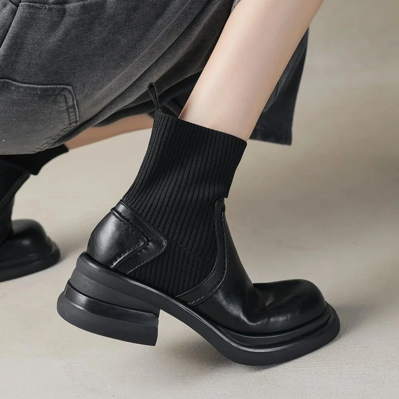 5cm高跟轻奢女靴时尚圆头松糕底增高保暖黑胶粘鞋冬季弹力靴/袜靴