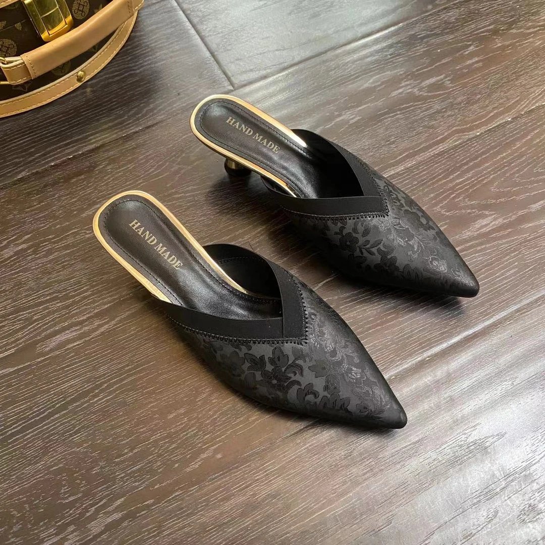 黑色4CM气质新款网红时尚百搭夏季高跟尖头法式中跟拖鞋 女春夏