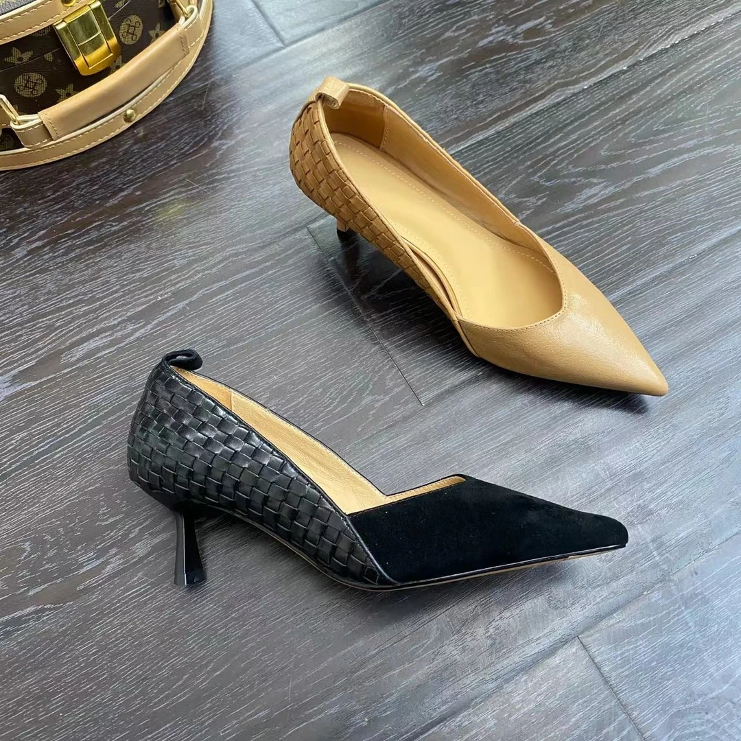 6厘米编制浅口高跟鞋气质时尚百搭性感黑色细跟小众职业尖头单鞋