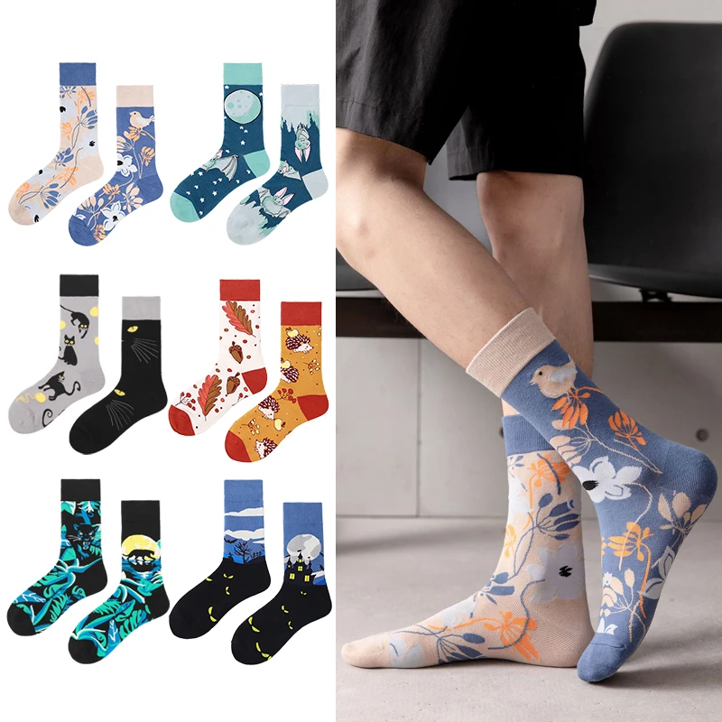 袜子男AB不对称鸳鸯袜男女情侣潮欧美运动中筒棉袜秋季男生