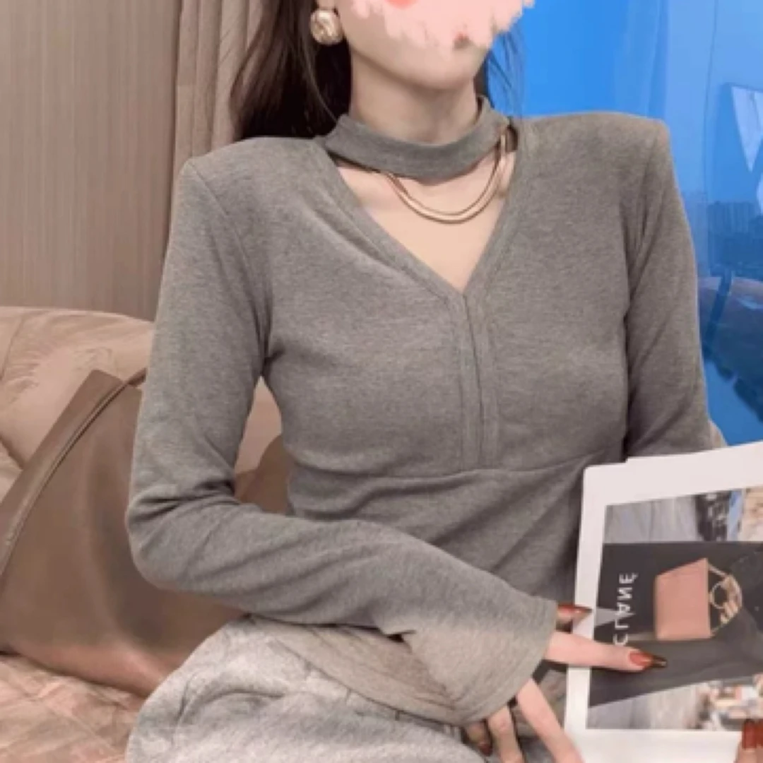 2024秋季新款时尚装饰口子不规则纯色修身显瘦长袖上衣女