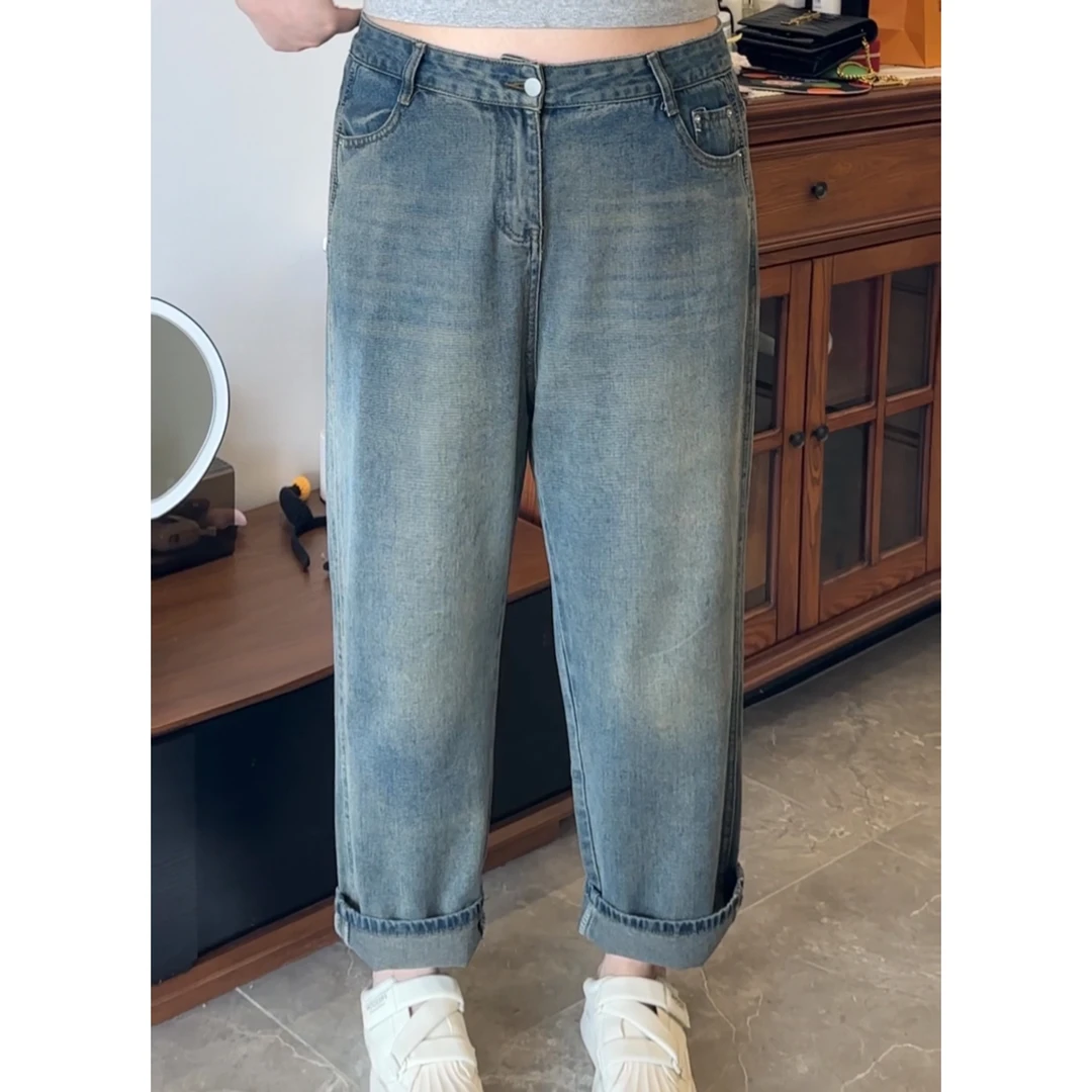 大阿娇 显瘦复古大码阔腿裤侧边线条九分直筒裤小个子牛仔裤女