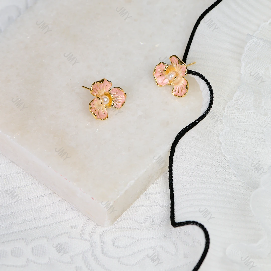 铜合金珐琅耳饰 原创设计轻奢高级感花朵耳钉珐琅花朵
