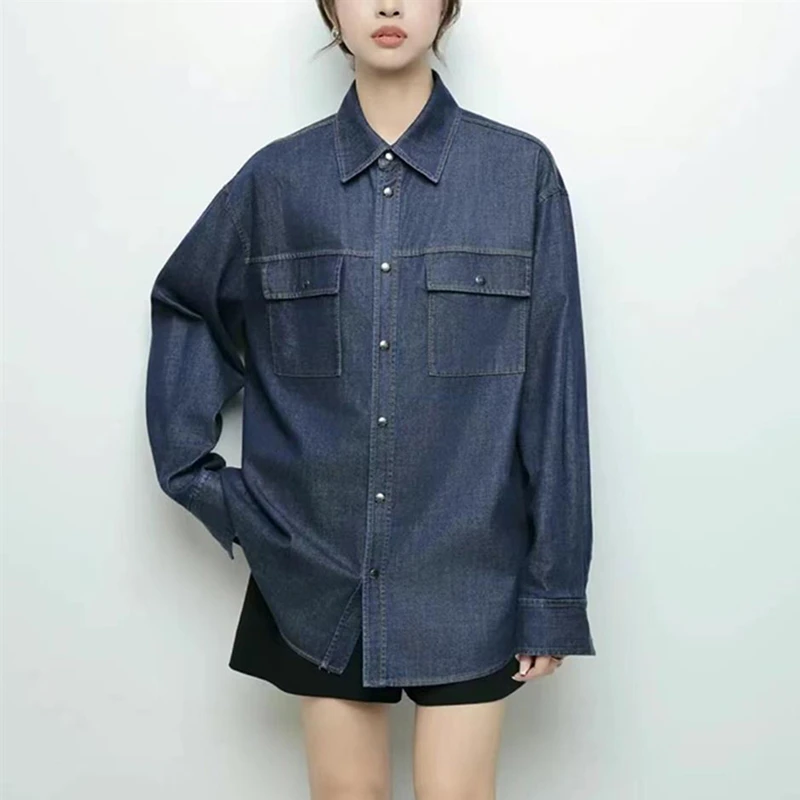 商场同款2025春夏新款宽松百搭廓形蓝色印花牛仔衬衫外套5300971