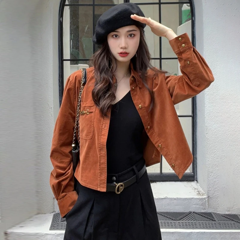 {专柜}商场同款2025春秋新款复古翻领灯芯绒衬衫长袖短款1300969