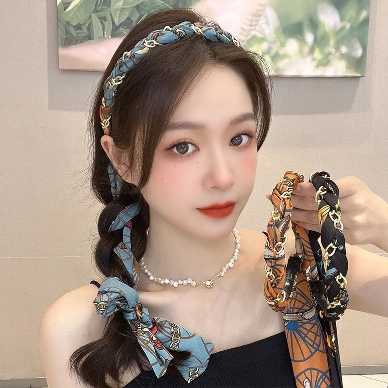 铁合金布艺发饰 复古链条发箍女缎面压发卡飘带头箍绑发一体编发