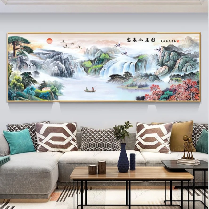 富春山居图新中式横幅晶瓷画装饰画客厅沙发背景挂画壁画镶钻手工
