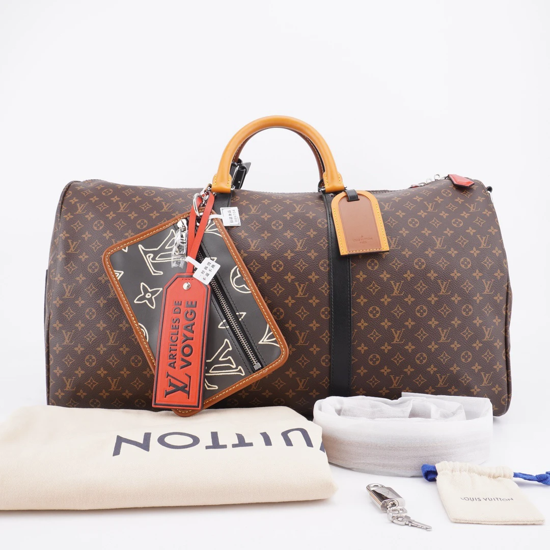 99新 LV Keepall 50经典老花涂层帆布拼皮旅行袋单肩斜挎包 F306