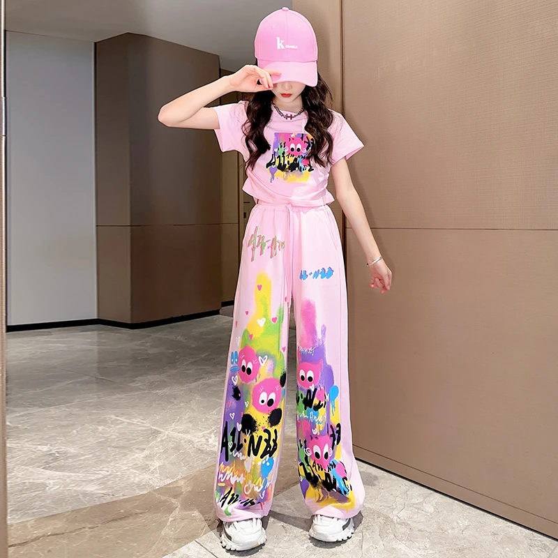 女童粉色裤子2025夏季套装儿童涂鸦阔腿裤直筒裤多巴胺穿搭两件套